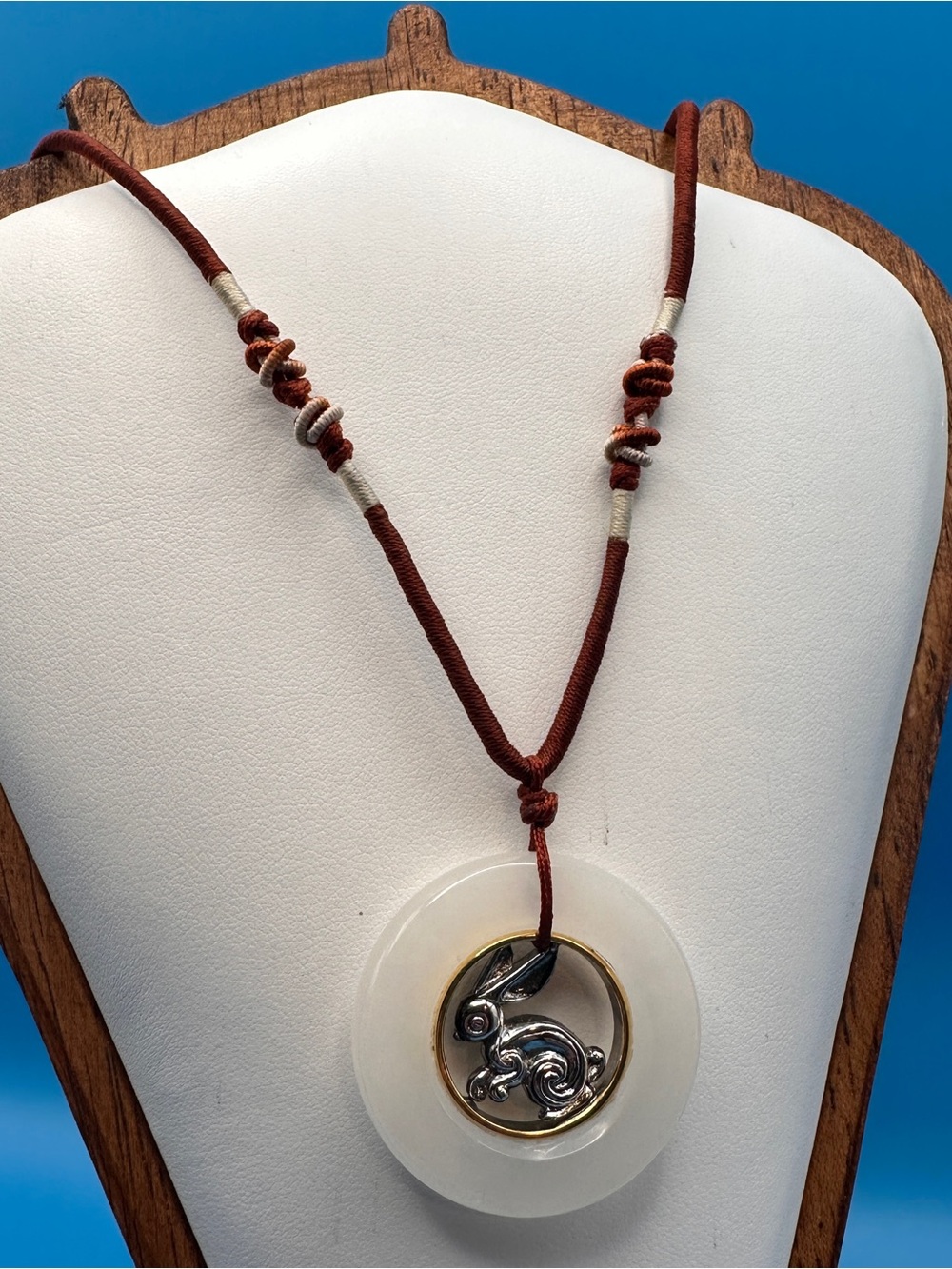 Year of the Rabbit Pendant Necklace White Stone Disc Gold cord 20” adjustable